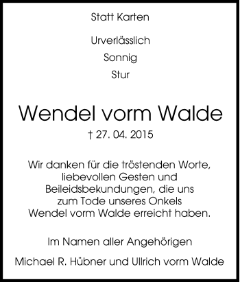 Traueranzeige von Wendel vorm Walde von Tageszeitung