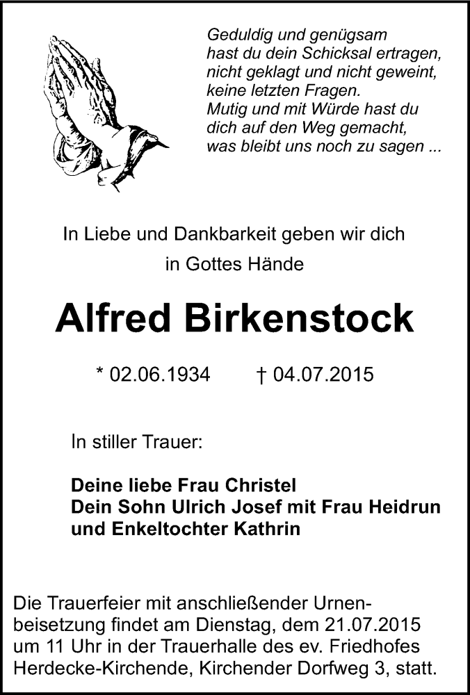  Traueranzeige für Alfred Birkenstock vom 10.07.2015 aus Tageszeitung