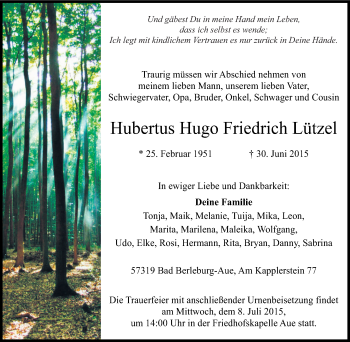 Traueranzeige von Hubertus Hugo Friedrich Lützel von Tageszeitung