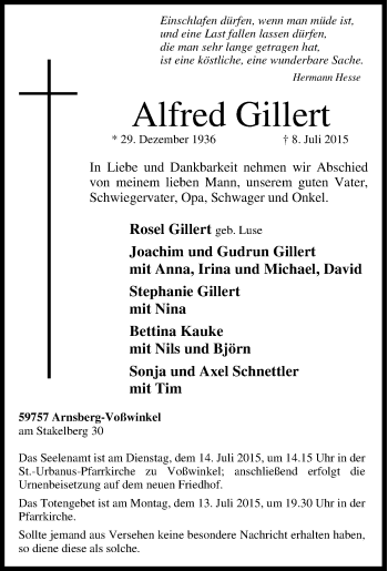 Traueranzeige von Alfred Gillert von Tageszeitung