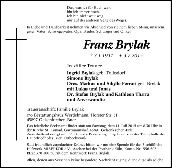 Traueranzeige von Franz Brylak von Tageszeitung