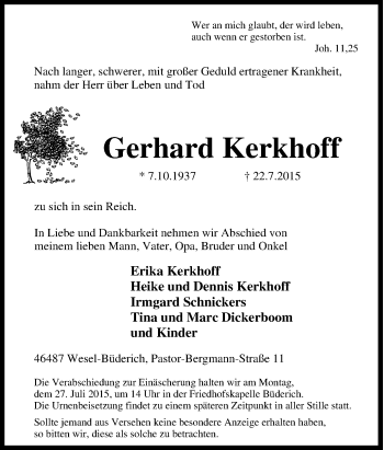 Traueranzeige von Gerhard Kerkhoff von Tageszeitung