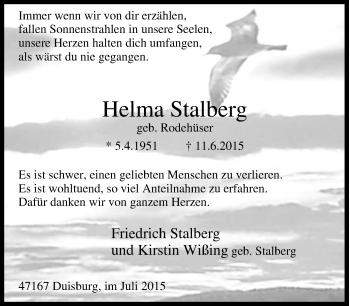 Traueranzeige von Helma Stalberg von Tageszeitung