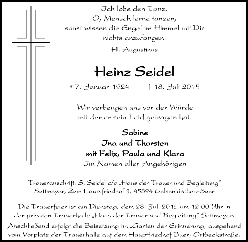  Traueranzeige für Heinz Seidel vom 23.07.2015 aus Tageszeitung