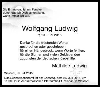 Traueranzeige von Wolfgang Ludwig von Tageszeitung