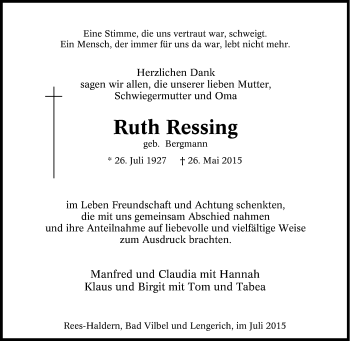 Traueranzeige von Ruth Ressing von Tageszeitung