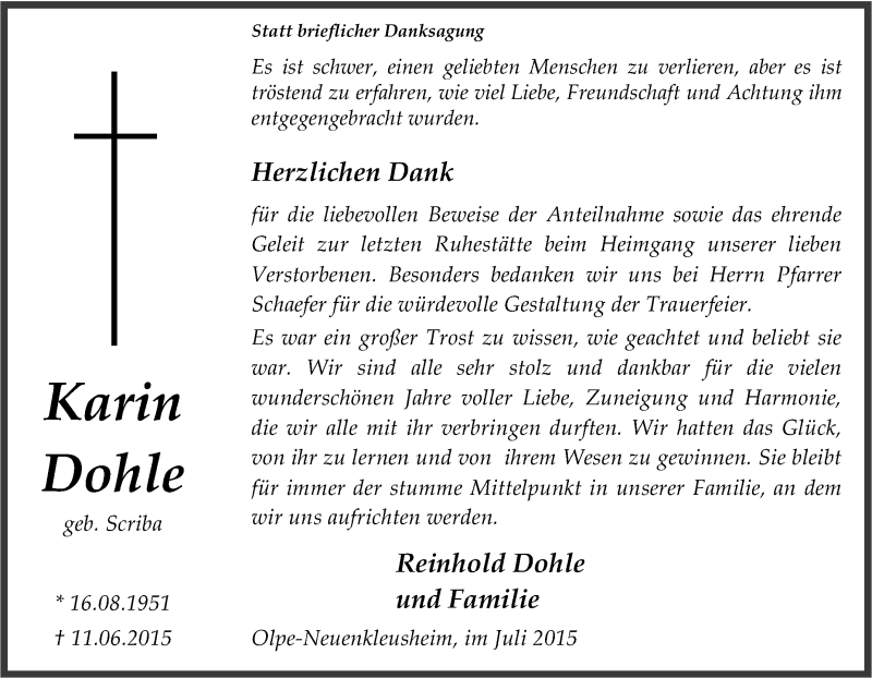  Traueranzeige für Karin Dohle vom 18.07.2015 aus Tageszeitung