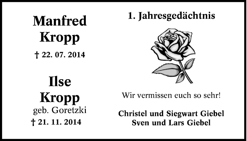  Traueranzeige für Manfred Kropp vom 22.07.2015 aus Tageszeitung