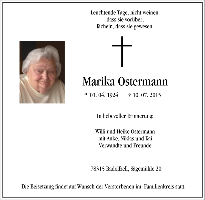  Traueranzeige für Marika Ostermann vom 15.07.2015 aus Tageszeitung