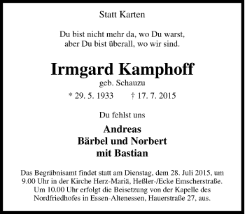 Traueranzeige von Irmgard Kamphoff von Tageszeitung