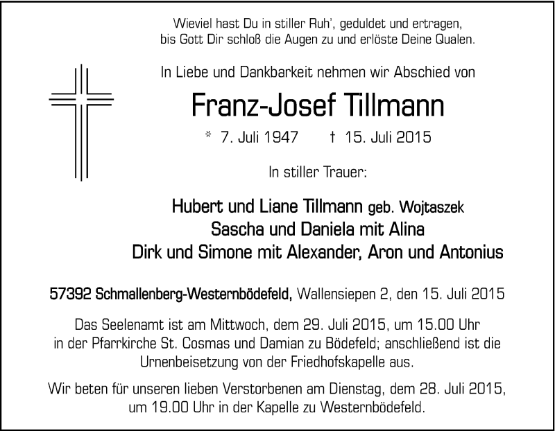 Traueranzeigen von FranzJosef Tillmann TrauerinNRW.de