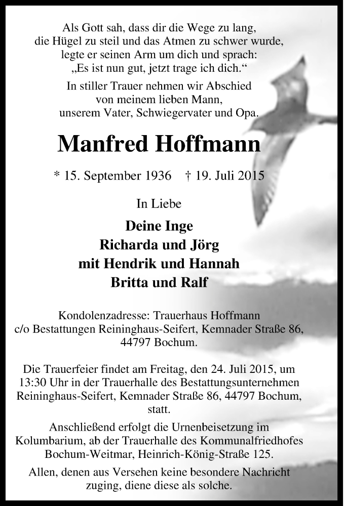 Traueranzeige für Manfred Hoffmann vom 22.07.2015 aus Tageszeitung