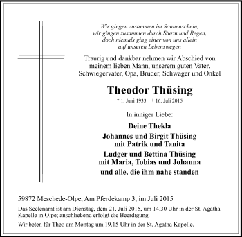 Traueranzeige von Theodor Thüsing von Tageszeitung