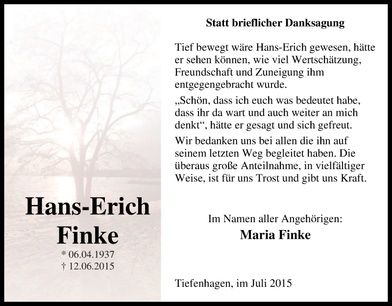  Traueranzeige für Hans-Erich Finke vom 18.07.2015 aus Tageszeitung