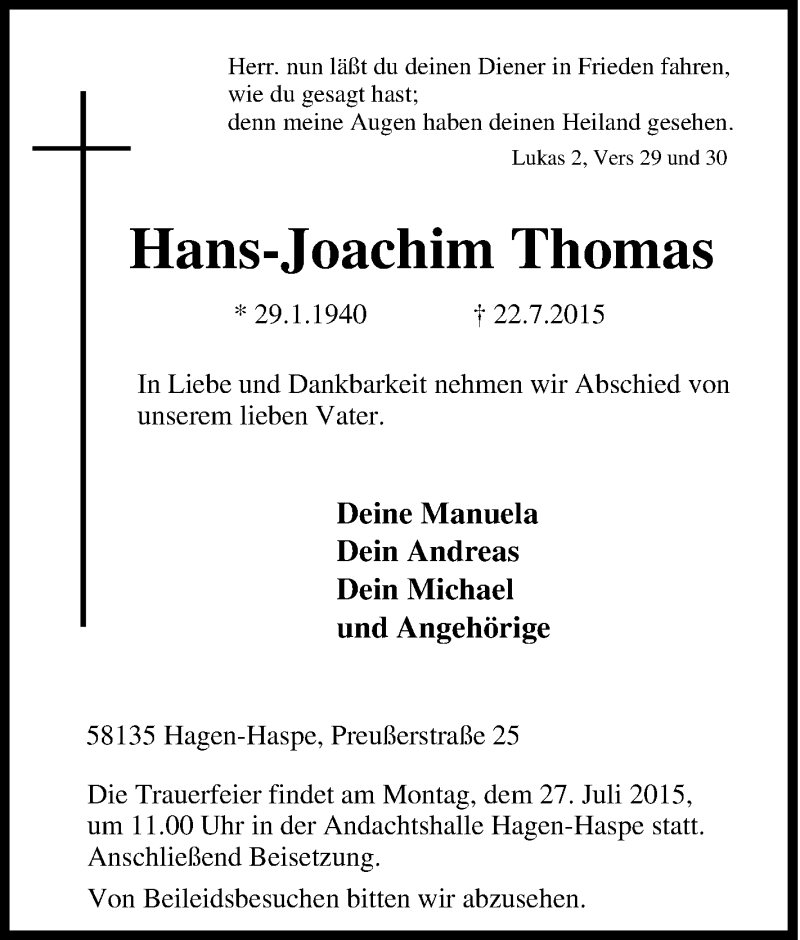 Traueranzeigen von Hans-Joachim Thomas | Trauer-in-NRW.de