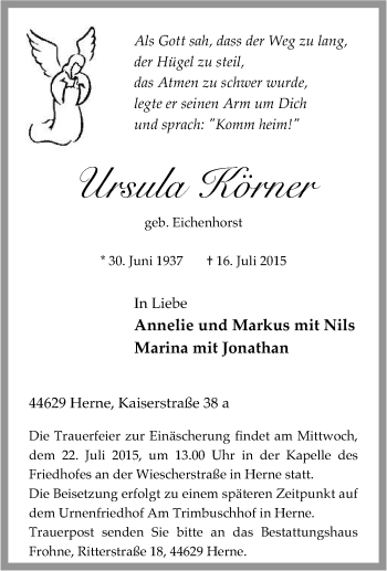 Traueranzeige von Ursula Körner von Tageszeitung