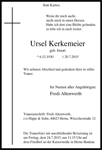 Traueranzeige von Ursel Kerkemeier von Tageszeitung