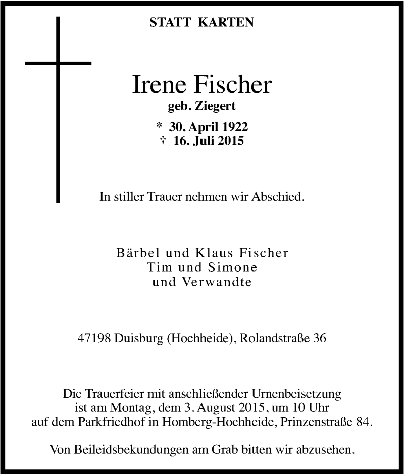 Traueranzeige für Irene Fischer vom 30.07.2015 aus Tageszeitung