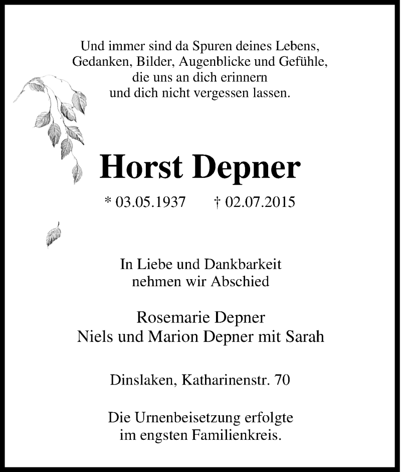  Traueranzeige für Horst Depner vom 18.07.2015 aus Tageszeitung