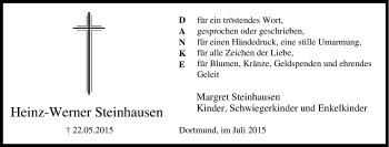 Traueranzeige von Heinz-Werner Steinhausen von Tageszeitung