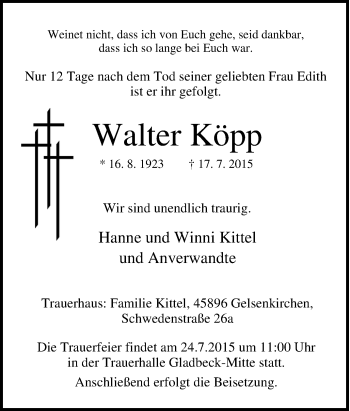 Traueranzeige von Walter Köpp von Tageszeitung