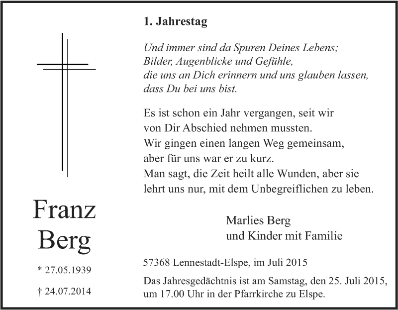  Traueranzeige für Franz Berg vom 22.07.2015 aus Tageszeitung