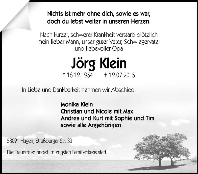  Traueranzeige für Jörg Klein vom 20.07.2015 aus Tageszeitung