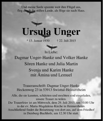 Traueranzeige von Ursula Unger von Tageszeitung