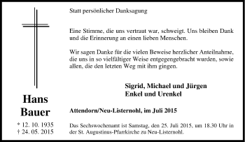 Traueranzeige von Hans Bauer von Tageszeitung