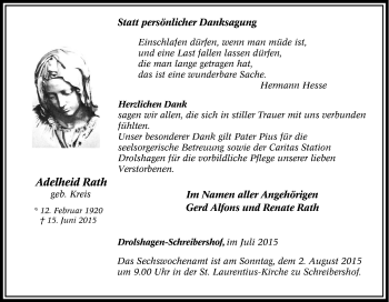 Traueranzeige von Adelheid  Rath  von Tageszeitung