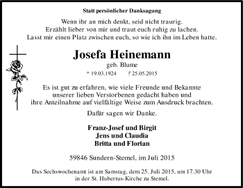 Traueranzeige von Josefa Heinemann von Tageszeitung