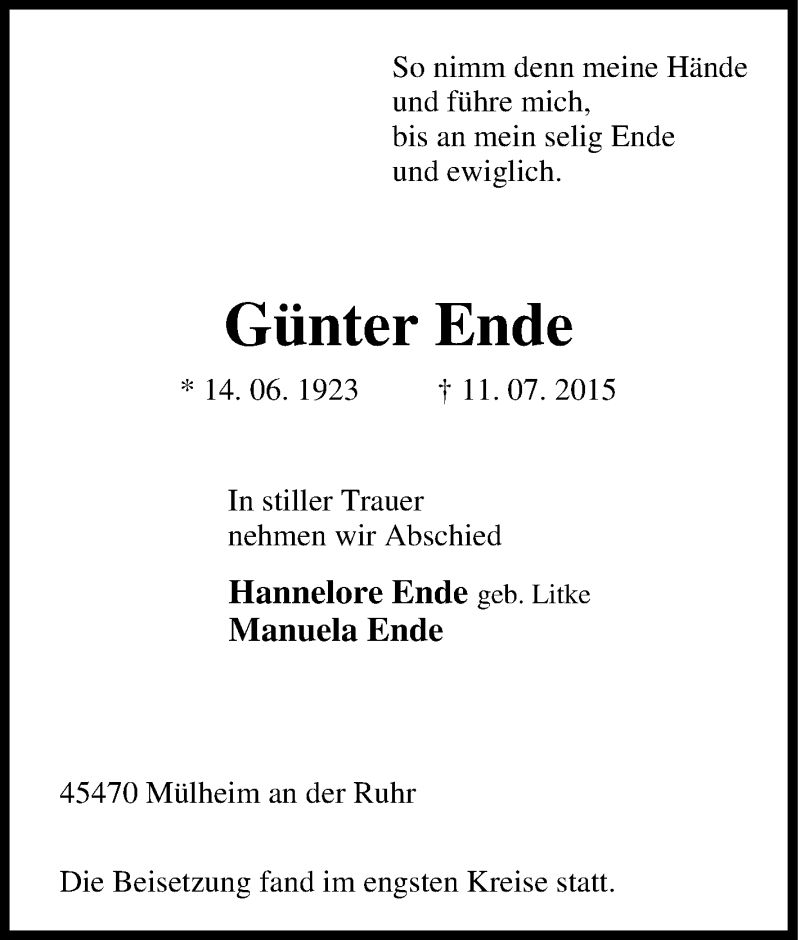  Traueranzeige für Günter Ende vom 18.07.2015 aus Tageszeitung