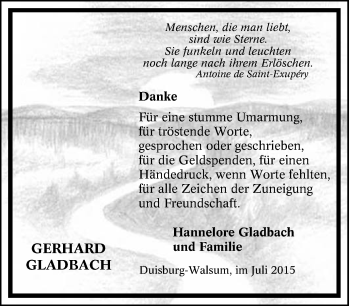 Traueranzeige von Gerhard Gladbach von Tageszeitung