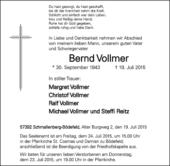 Traueranzeige von Bernd Vollmer von Tageszeitung
