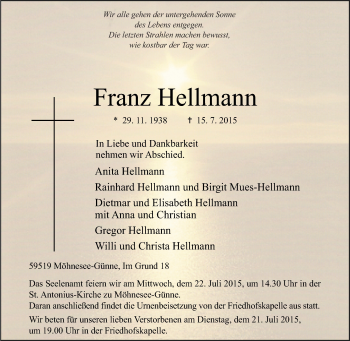 Traueranzeige von Franz Hellmann von Tageszeitung