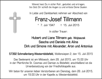 Traueranzeige von Franz-Josef Tillmann von Tageszeitung