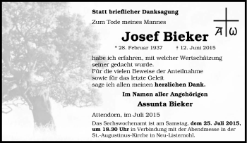 Traueranzeige von Josef Bieker von Tageszeitung