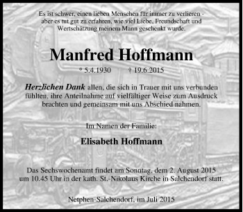 Traueranzeige von Manfred Hoffmann von Tageszeitung