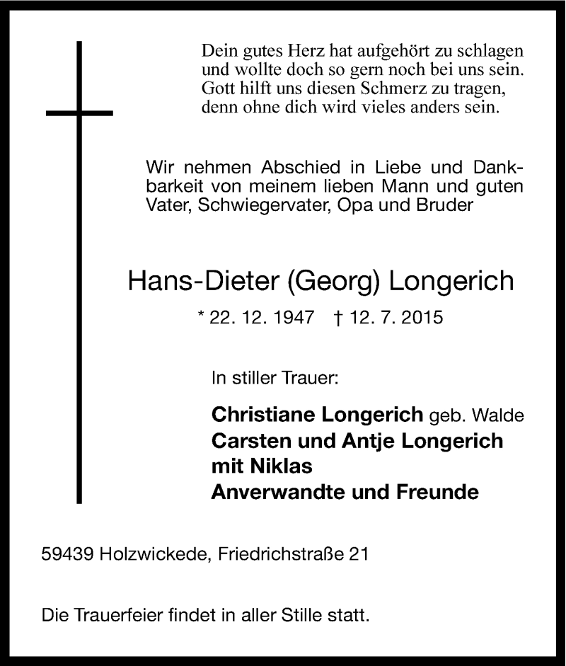  Traueranzeige für Hans-Dieter Longerich vom 18.07.2015 aus Tageszeitung