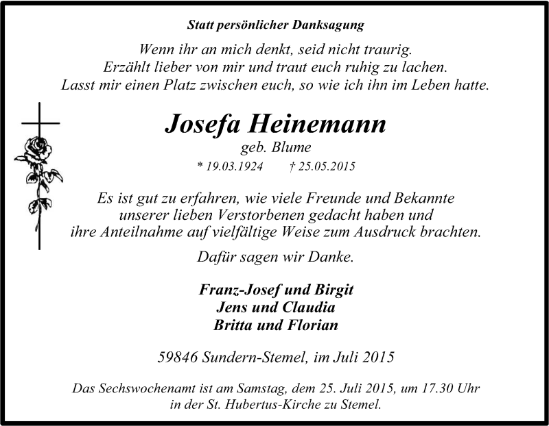  Traueranzeige für Josefa Heinemann vom 22.07.2015 aus Tageszeitung