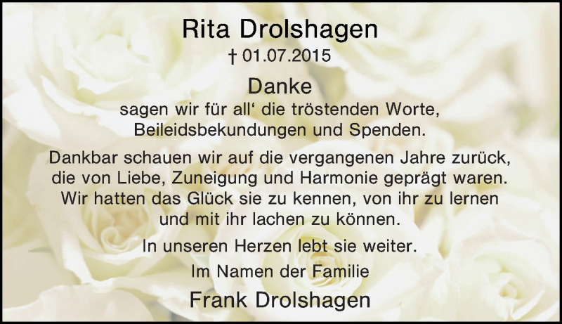  Traueranzeige für Rita Drolshagen vom 25.07.2015 aus Tageszeitung