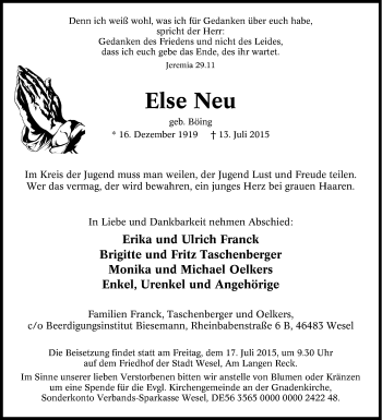Traueranzeige von Else Neu von Tageszeitung