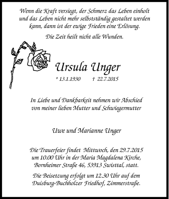 Traueranzeige von Ursula Unger von Tageszeitung
