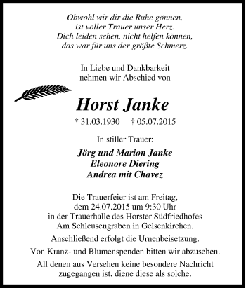 Traueranzeige von Horst Janke von Tageszeitung