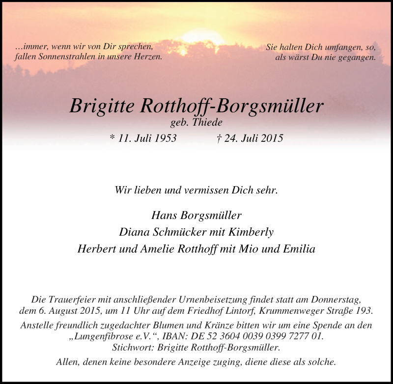  Traueranzeige für Brigitte Rotthoff-Borgsmüller vom 01.08.2015 aus Tageszeitung