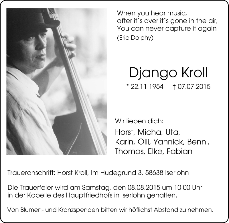  Traueranzeige für Django Kroll vom 01.08.2015 aus Tageszeitung