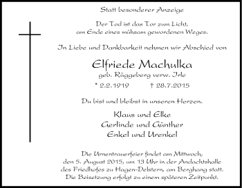 Traueranzeige von Elfriede Machulka von Tageszeitung