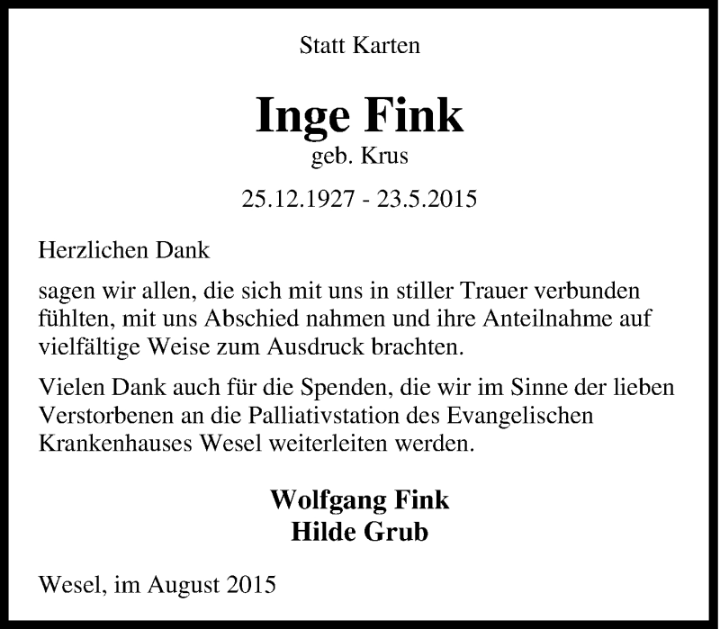  Traueranzeige für Inge Fink vom 01.08.2015 aus Tageszeitung