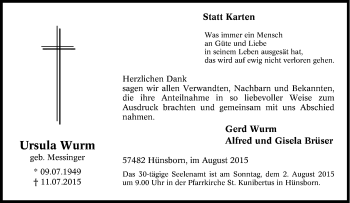 Traueranzeige von Ursula Wurm von Tageszeitung