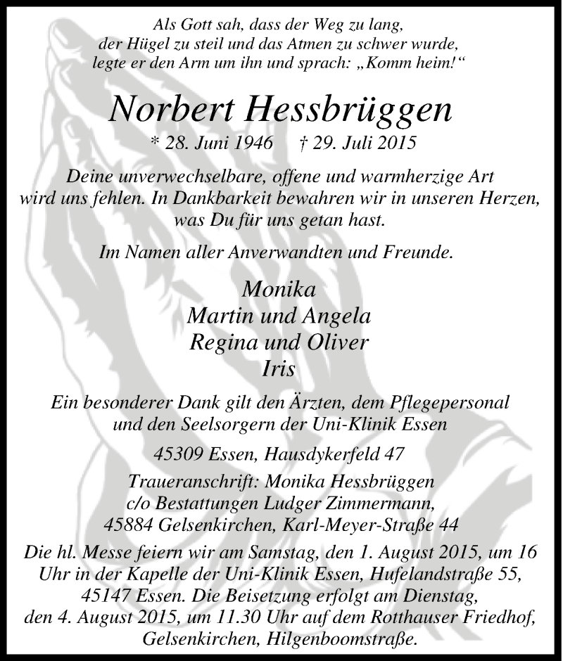  Traueranzeige für Norbert Hessbrüggen vom 01.08.2015 aus Tageszeitung